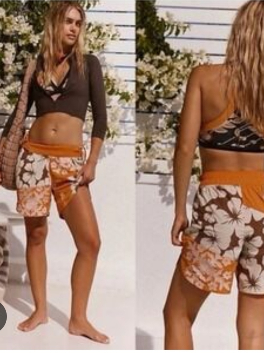 Free People Orange and Brown Floral Athletic Shorts